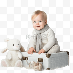 玩具小兔子的孩子图片_小男孩坐在手提箱里，房间里有一