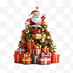 鹿拉礼物的图片_圣诞老人与雪橇礼品盒圣诞树隔离