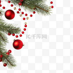 金色圣诞树枝图片_带有冷杉树枝和红色装饰的圣诞组