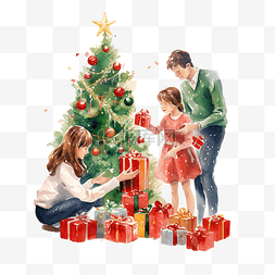 幸福的家庭用球和礼物装饰圣诞树