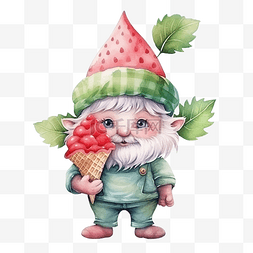 水果蔬菜插画图片_水彩可爱的侏儒与西瓜心和冰淇淋
