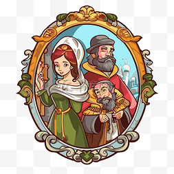 画框里的卡通骑士和中世纪女人的