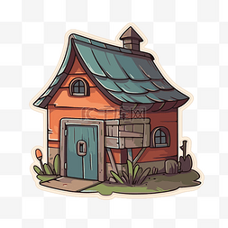 卡通小房子，有绿色屋顶和旧插图