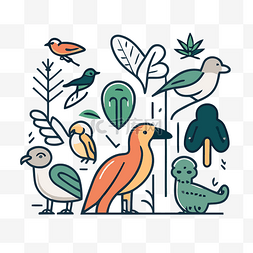 鸟类的背景图片_代表鸟类和植物的彩色线条图标 