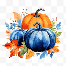 秋叶剪影图片_橙色和蓝色南瓜和剪影叶子的水彩