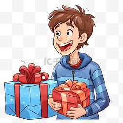 一个男孩拿着一份圣诞礼物，旁边
