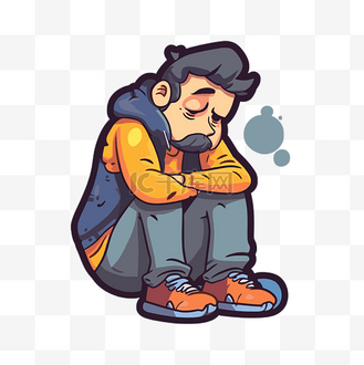 免抠背景秋季矢量插图中一名男子在街上乞讨的扁平无家可归者漫画个人