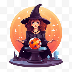鬼节图片_女巫正在用魔法水晶球万圣节卡通