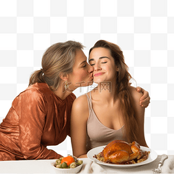 在吃东西的人图片_深情的女儿在感恩节大餐期间亲吻