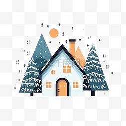 简约风格的房子和圣诞树插图