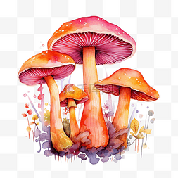 紫色水彩和手图片_橙色和粉色的三重蘑菇插画