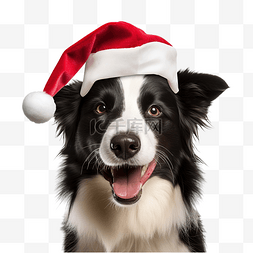宠物圣诞节图片_快乐的边境牧羊犬戴着白色的红色