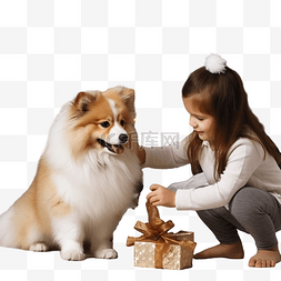 一个小女孩在圣诞树附近和她的狗