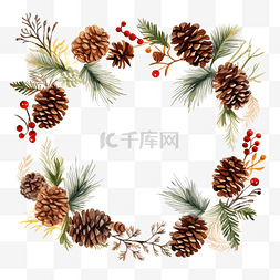 手绘松果图片_圣诞快乐卡，带有树枝和针叶树锥