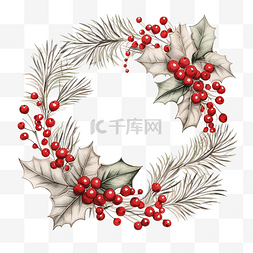 构图素描图片_圣诞快乐花环素描风格构图与装饰
