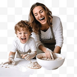 妈妈孩子拥抱图片_妈妈和儿子做鬼脸，在厨房里开心