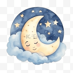 睡觉欧特图片_月亮睡觉的儿童水彩卡通