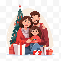 宝宝坐着的孩子图片_幸福的家庭，带着圣诞礼物坐在托
