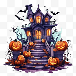 恐怖屋卡通图片_可怕的房子与楼梯鬼门南瓜万圣节