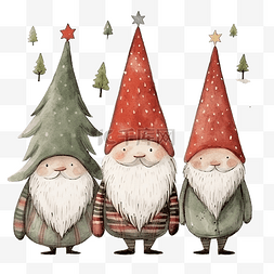 斯堪的纳维亚人图片_带有可爱手绘侏儒和圣诞树的贺卡