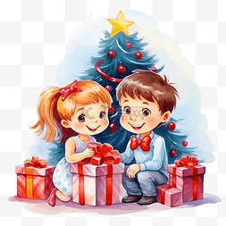 快乐的孩子们在家里靠近圣诞树和