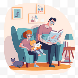 沙看书图片_花时间与家庭剪贴画全家福插画坐