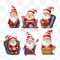 一组可爱的侏儒圣诞老人坐在电影