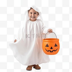 穿着白色鬼魂服装庆祝万圣节的可