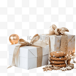 白桌上的圣诞组合物，配有礼盒饼