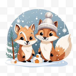 插画圣诞快乐图片_圣诞快乐季节设计中的狐狸和松鼠