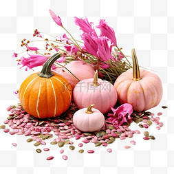 感恩节南瓜和粉红色种子的安排