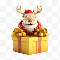 渲染海报图片_圣诞老人在金色礼品盒圣诞树驯鹿