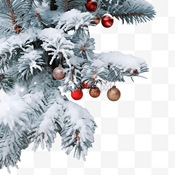 森林里装饰精美的雪圣诞树的特写