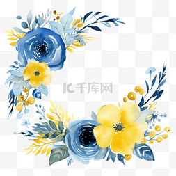 九鱼图富贵牡丹图片_水彩花卉蓝色和黄色框架剪纸