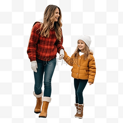牵女儿的手图片_妈妈和女儿站在圣诞树旁，手牵着