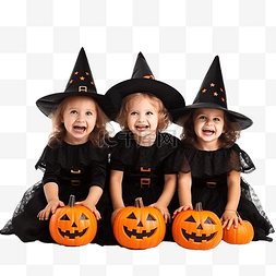 三个小孩子图片_三个穿着女巫服装的小女孩正在庆