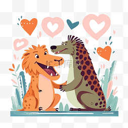 可爱的的狮子图片_狮子爱上鳄鱼动物情人节插画