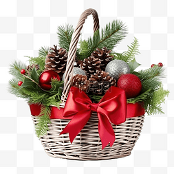 有雪花的树图片_篮子里有圣诞装饰品的组合物