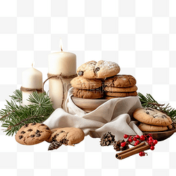 木桌上的饼干和圣诞装饰的组成