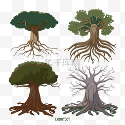 画的树图片_树根剪贴画四种不同类型的树与根