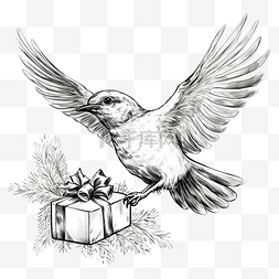 手绘喜庆鸟飞翔与圣诞礼物概念草