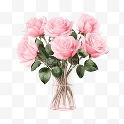 花瓶中的粉色玫瑰花透明背景花卉