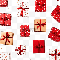 礼物盒顶部图片_红色桌面上有丝带的排列好的圣诞