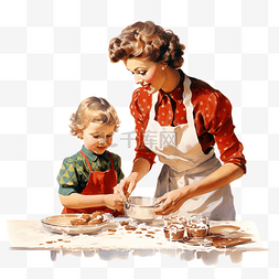 托台图片_母亲带着孩子在桌上煮圣诞饼干