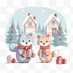冬天的风景卡通图片_房子附近有圣诞礼物的动物下雪的