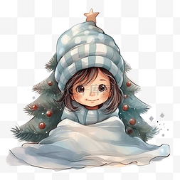 女孩穿在有圣诞树的房间里的冬季