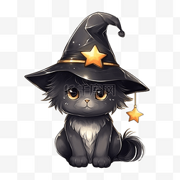 画星夜戴女巫帽的可爱猫咪