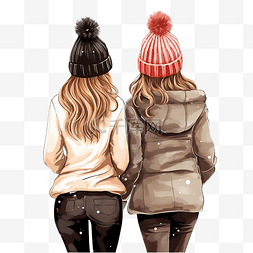 穿着时髦的女孩图片_圣诞节两个穿着冬衣和帽子的女孩