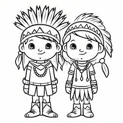 线条艺术人图片_穿着土著服装的男孩和女孩着色页