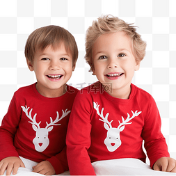红色家庭图片_两个兄弟男孩穿着圣诞红色毛衣，